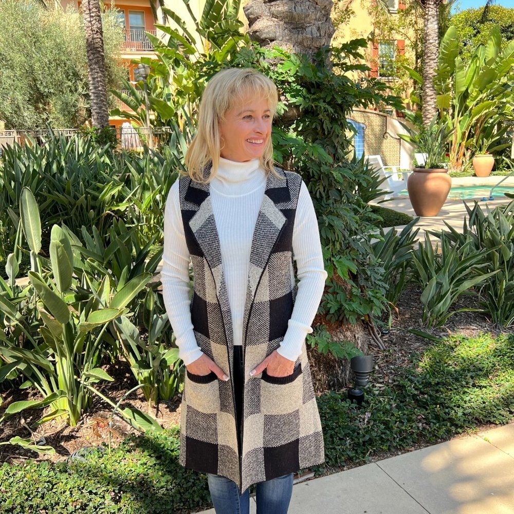 Open Front Plaid Long Cardigan Vest Heathered Black & Oatmeal With Pockets Small - Picture 5 of 5